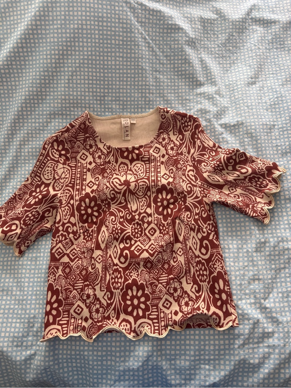 Anthropologie Floral Scallop Hem Short Sleeve Top - Burgundy/Cream Size S Small